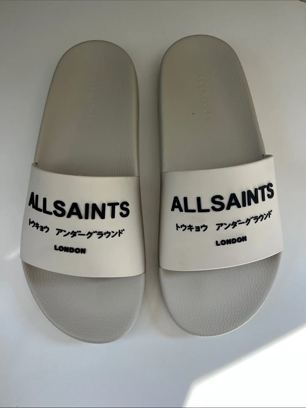ALLSAINTS underground logo open toe slip on slider sandals cream light gray 42